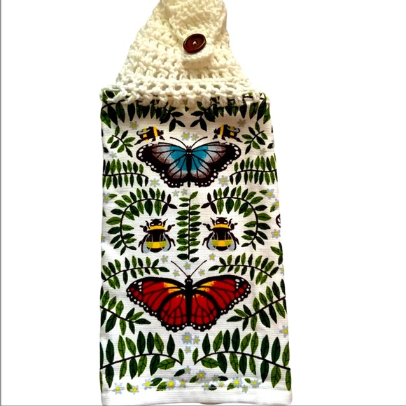 HAND CRAFTED Crocheted Top Butterflies Hanging Kitchen or Bathroom Hand Towels - Picture 5 of 9